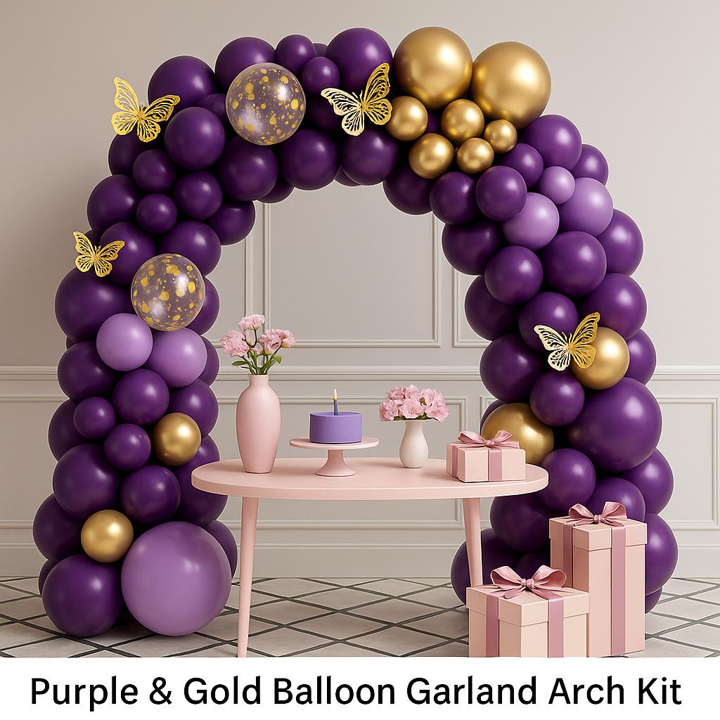 108 PCS Purple Gold Balloon Garland Kit with Butterfly Decorations, Butterfly Balloon Arch for Birthday Party, Baby Shower, Event Decor