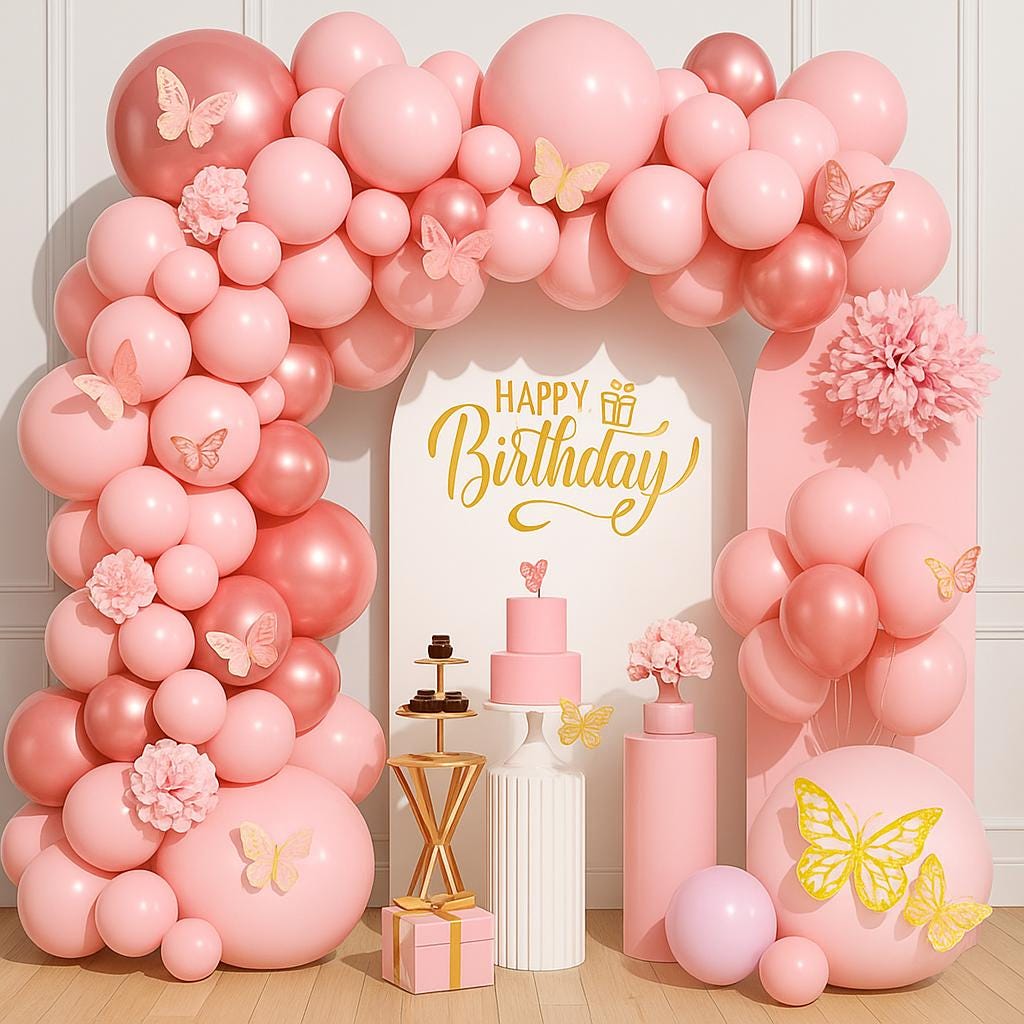 Pink Butterfly Balloon Garland Arch Kit for Birthday Party Decorations – Rose Gold Baby Shower Backdrop, Girls Birthday Decor, Wedding Decor