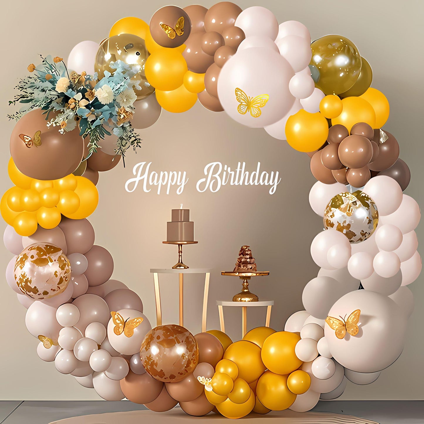 Brown Gold Balloon Garland Kit | Elegant Birthday Arch for Men Women | Butterfly Balloons Party Decor | Neutral Theme Celebration, Birthday