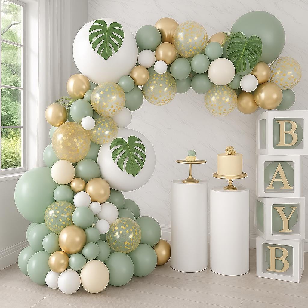 Sage Green Balloon Garland Kit with Gold Confetti Balloons, Boho Party,Tropical Party Decorations, Jungle Baby Shower Decor - Birthday Party