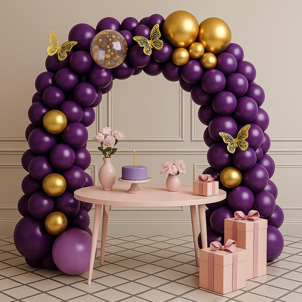 108 PCS Purple Gold Balloon Garland Kit with Butterfly Decorations, Butterfly Balloon Arch for Birthday Party, Baby Shower, Event Decor