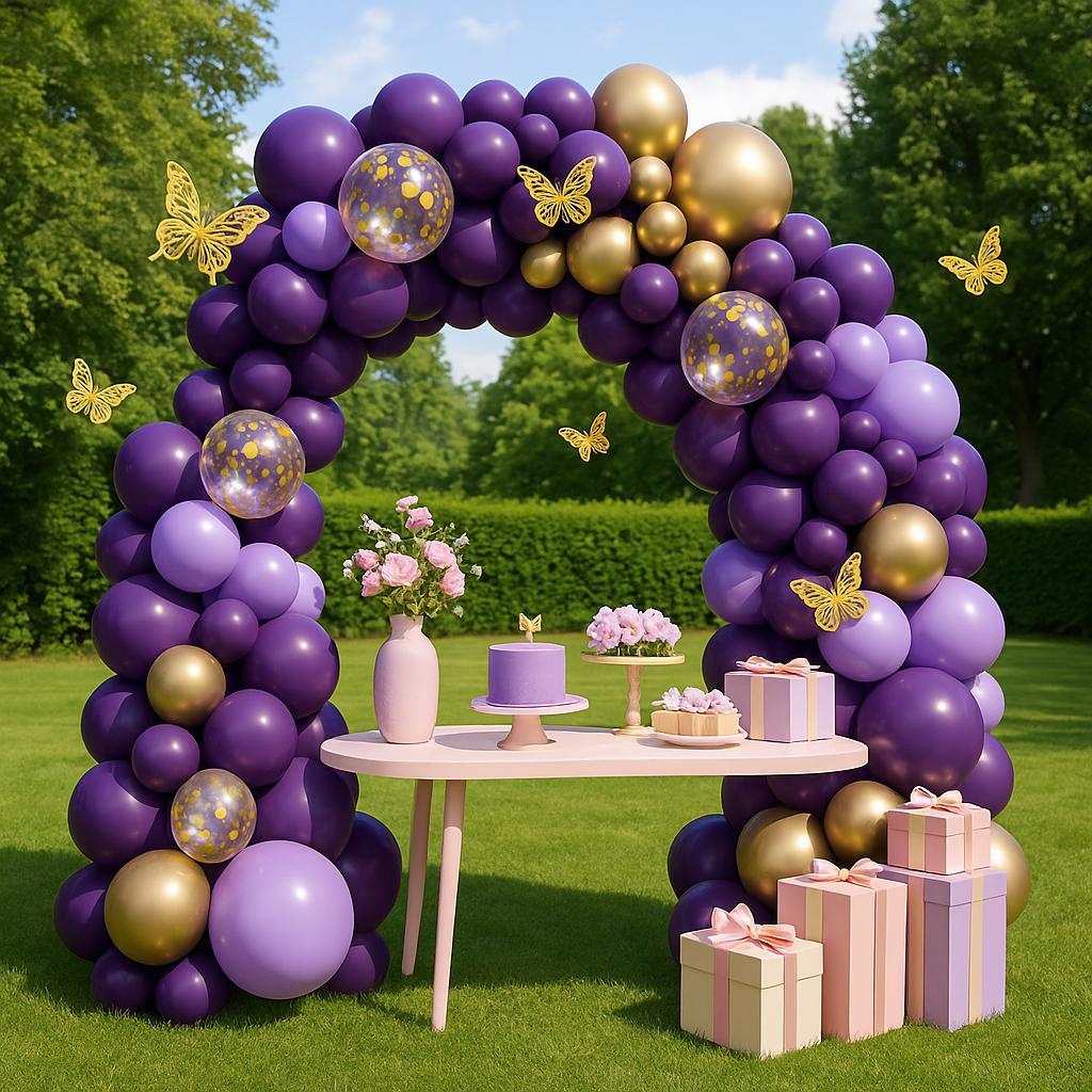 108 PCS Purple Gold Balloon Garland Kit with Butterfly Decorations, Butterfly Balloon Arch for Birthday Party, Baby Shower, Event Decor