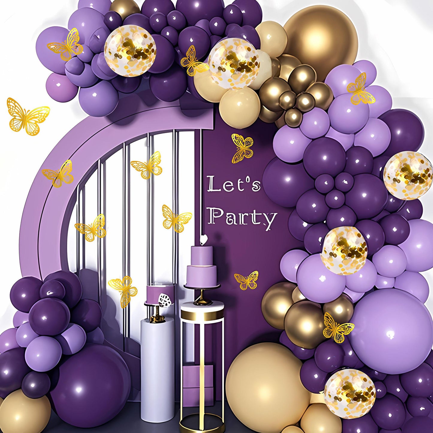 108 PCS Purple Gold Balloon Garland Kit with Butterfly Decorations, Butterfly Balloon Arch for Birthday Party, Baby Shower, Event Decor