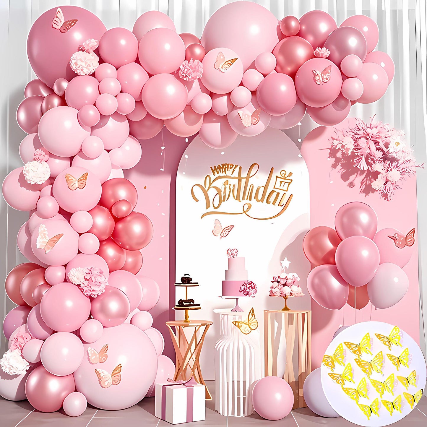Pink Butterfly Balloon Garland Arch Kit for Birthday Party Decorations – Rose Gold Baby Shower Backdrop, Girls Birthday Decor, Wedding Decor