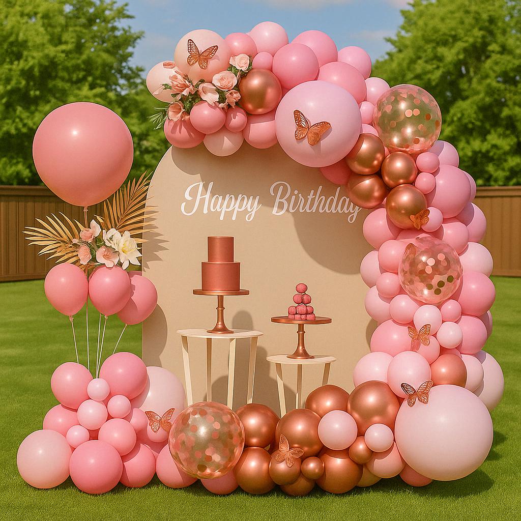 Rose Gold - Pink Balloon Arch Kit | Birthday Party Garland with Confetti Balloons & Butterflies | Girl Party Backdrop Decorations