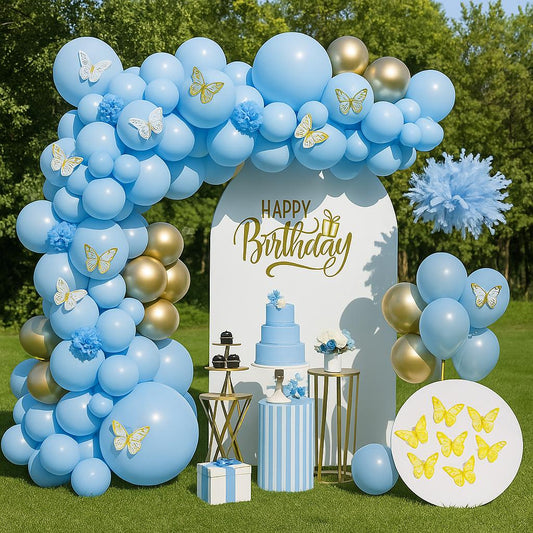 Blue Gold Butterfly Balloon Arch Kit | Boy First Birthday Decorations | Baby Shower Backdrop | Balloon Garland for Party Decor
