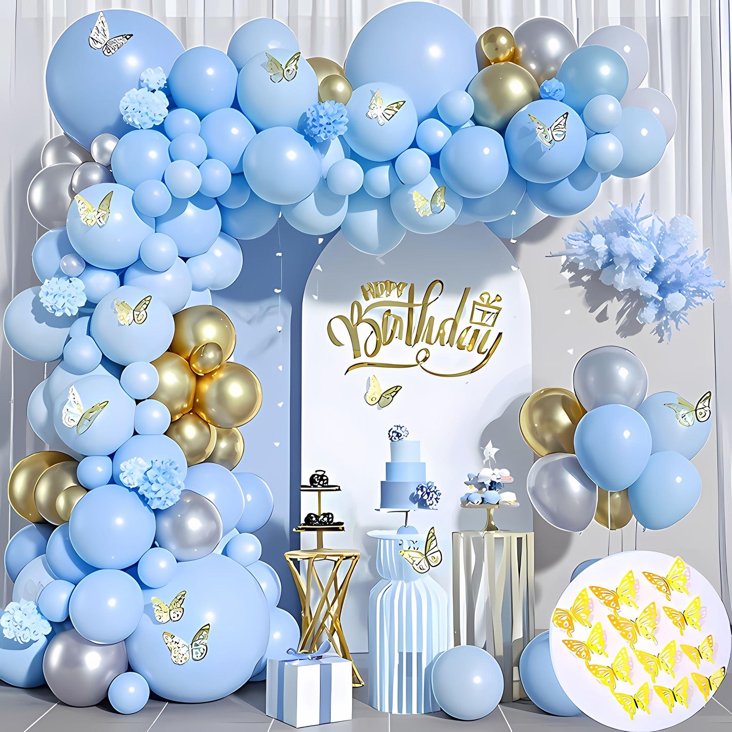 Blue Gold Butterfly Balloon Arch Kit | Boy First Birthday Decorations | Baby Shower Backdrop | Balloon Garland for Party Decor