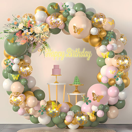Sage Green Balloon Arch Kit | Boho Birthday Balloon Garland with Gold Butterflies & Confetti for Baby Shower Decor, Wedding Decor