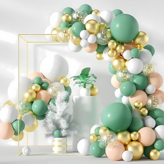 116 PCS Sage Green Balloon Garland Kit - White Gold Confetti Balloon Arch for Baby Shower, Birthday Party, Jungle Safari Theme Decor