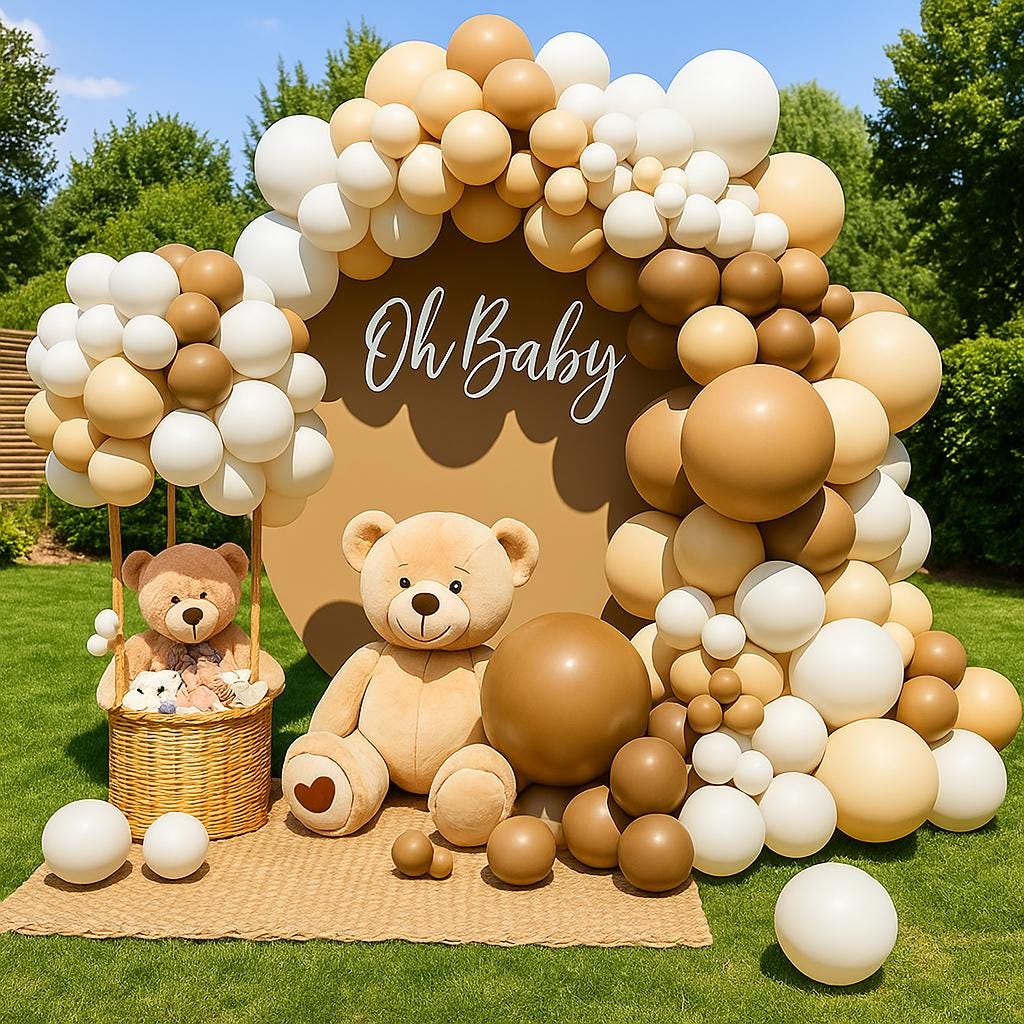 Boho Party | Brown Beige White Neutral Balloon Arch | Baby Shower Gender Reveal Backdrop | Decorations, Teddy Bear Balloon Garland Kit
