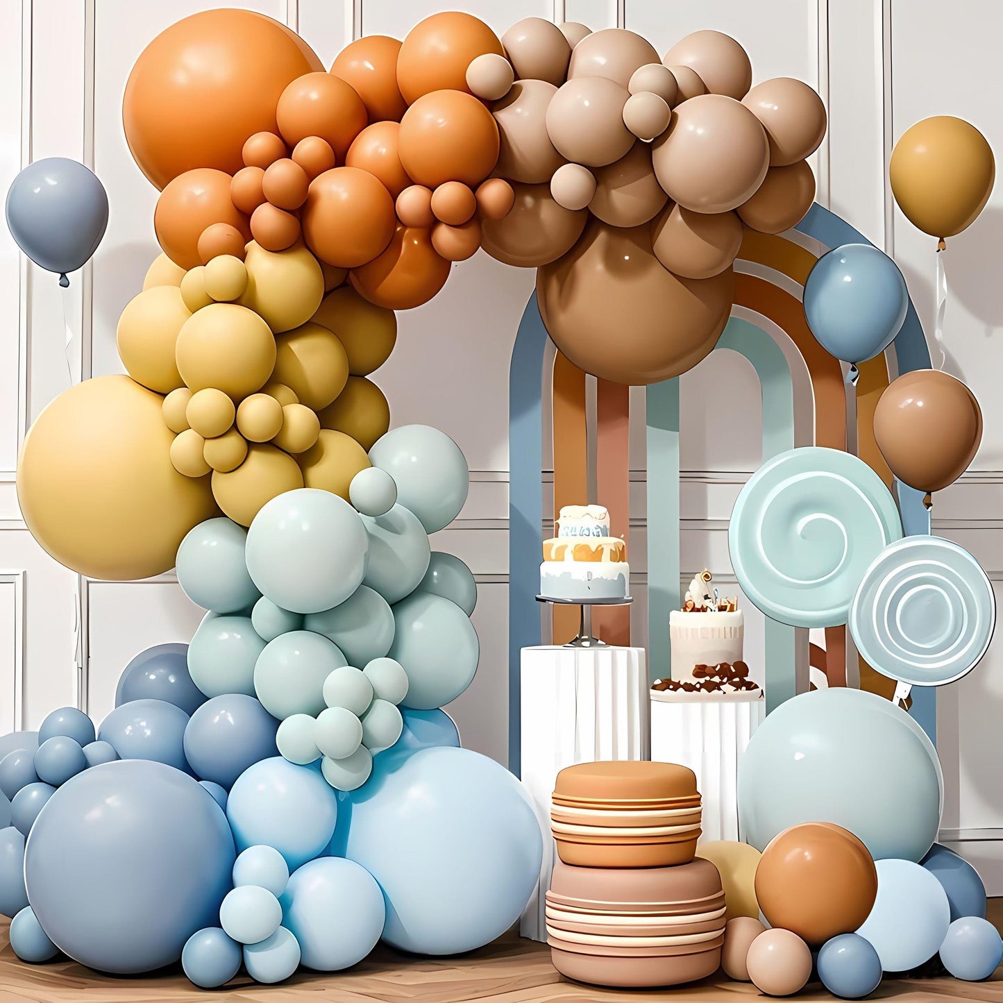 Neutral Rainbow Balloon Garland Arch Kit – Terracotta Beige Brown Blue Pastel Balloon Set for Baby Shower, Birthday Party Decor