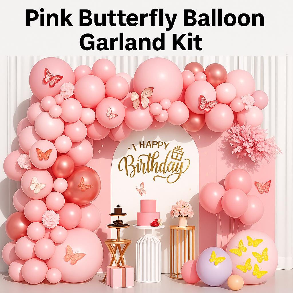 Pink Butterfly Balloon Garland Arch Kit for Birthday Party Decorations – Rose Gold Baby Shower Backdrop, Girls Birthday Decor, Wedding Decor
