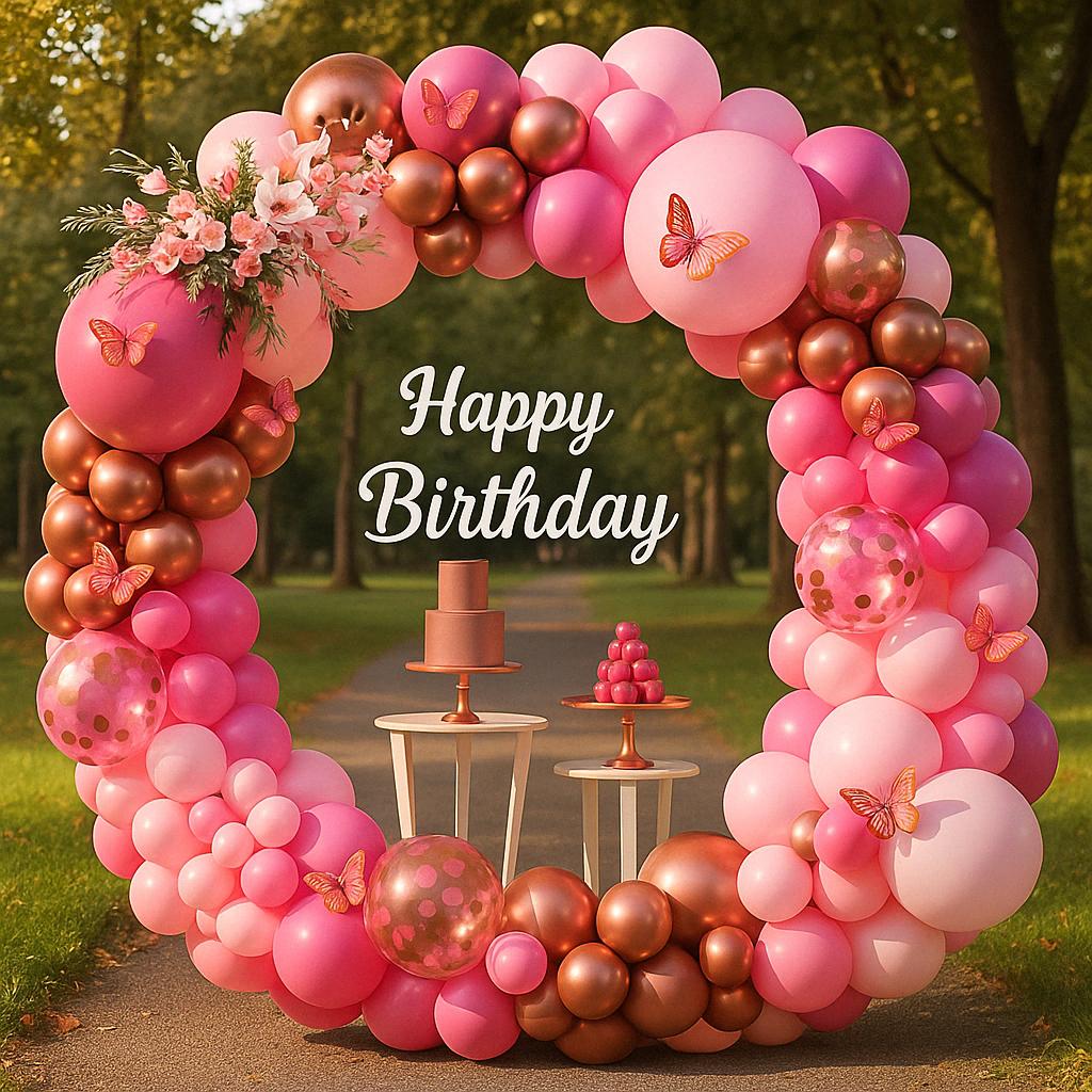 Rose Gold - Pink Balloon Arch Kit | Birthday Party Garland with Confetti Balloons & Butterflies | Girl Party Backdrop Decorations
