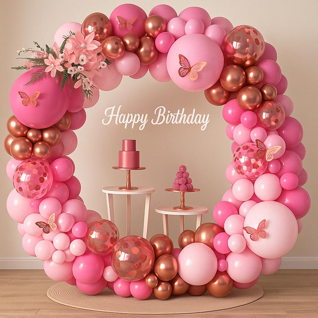 Rose Gold - Pink Balloon Arch Kit | Birthday Party Garland with Confetti Balloons & Butterflies | Girl Party Backdrop Decorations