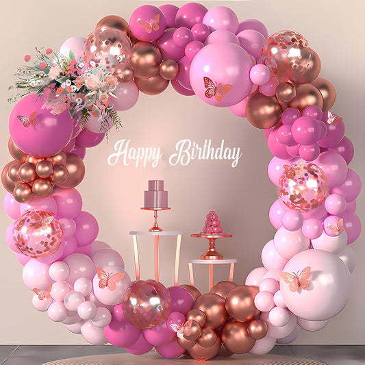 Rose Gold - Pink Balloon Arch Kit | Birthday Party Garland with Confetti Balloons & Butterflies | Girl Party Backdrop Decorations