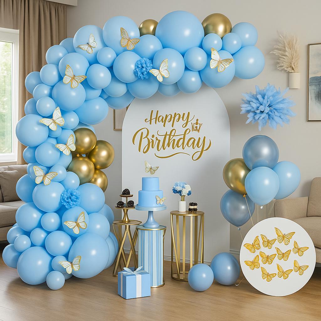 Blue Gold Butterfly Balloon Arch Kit | Boy First Birthday Decorations | Baby Shower Backdrop | Balloon Garland for Party Decor