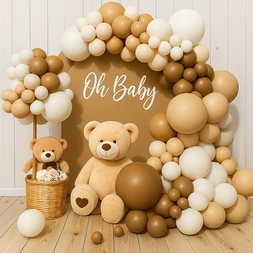 Boho Party | Brown Beige White Neutral Balloon Arch | Baby Shower Gender Reveal Backdrop | Decorations, Teddy Bear Balloon Garland Kit