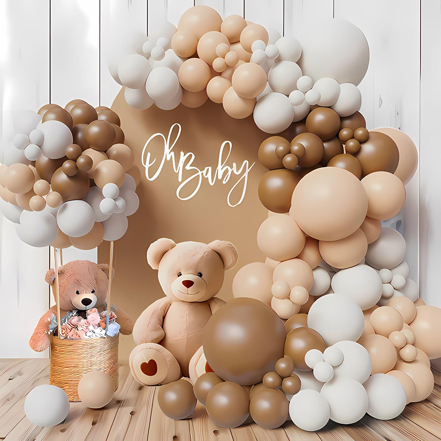 Boho Party | Brown Beige White Neutral Balloon Arch | Baby Shower Gender Reveal Backdrop | Decorations, Teddy Bear Balloon Garland Kit